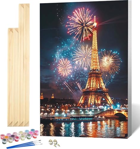 Malen Nach Zahlen Erwachsene mit Rahmen, Malen Nach Zahlen Feuerwerk Paint by Numbers Eiffelturm Paint by Numbers Adult mit 3 Pinseln und Acrylfarben für Heim Deko, Geschenke 70 x 95 cm -9735 von Zeipopge