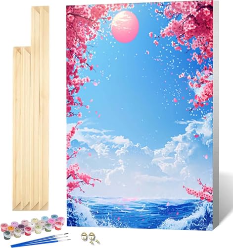 Malen Nach Zahlen Erwachsene mit Rahmen, Malen Nach Zahlen Kirschblüten Paint by Numbers Japan Paint by Numbers Adult mit 3 Pinseln und Acrylfarben für Heim Deko, Geschenke für Frauen 40x50 cm -4744 von Zeipopge