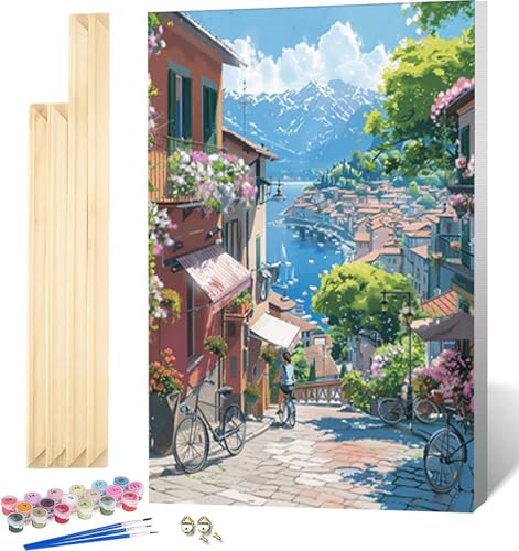 Malen Nach Zahlen Erwachsene mit Rahmen, Malen Nach Zahlen Ozean Paint by Numbers Kleine Stadt Paint by Numbers Adult mit 3 Pinseln und Acrylfarben für Heim Deko, Geschenke für Frauen (60x80cm) -2977 von Zeipopge