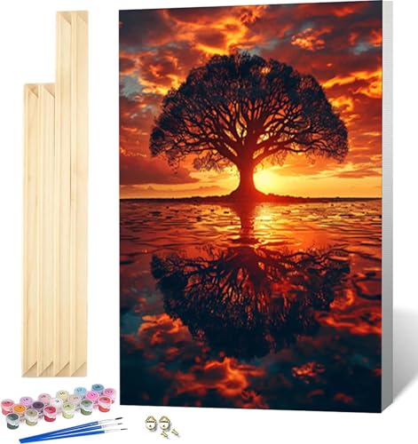 Malen Nach Zahlen Erwachsene mit Rahmen, Malen Nach Zahlen Sonnenuntergang Paint by Numbers Baum Paint by Numbers Adult mit 3 Pinseln und Acrylfarben für Heim Deko, Geschenke für Frauen 50x65 cm -8941 von Zeipopge