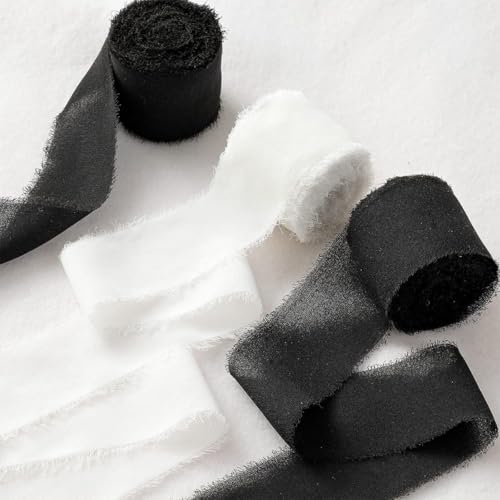 3 Rollen Handgefertigtes Chiffon-Seidenband Mit Fransen, Band-Set Mit Ausgefransten Kanten for Verpacken Von Geschenken, Hochzeitseinladungen, Blumensträußen und Bastelarbeiten(Black and white) von Zelbuck