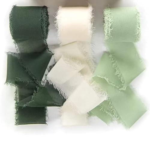 3 Rollen Handgefertigtes Chiffon-Seidenband Mit Fransen, Band-Set Mit Ausgefransten Kanten for Verpacken Von Geschenken, Hochzeitseinladungen, Blumensträußen und Bastelarbeiten(Green) von Zelbuck