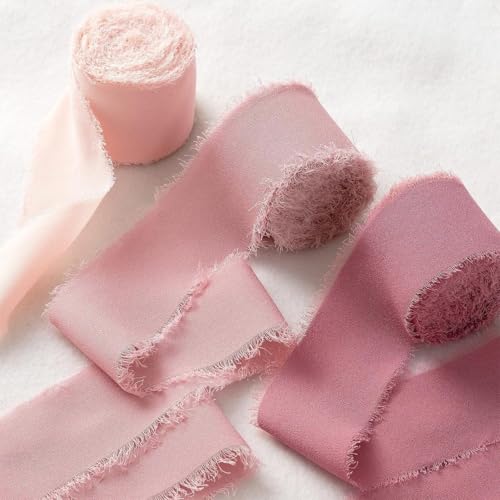 3 Rollen Handgefertigtes Chiffon-Seidenband Mit Fransen, Band-Set Mit Ausgefransten Kanten for Verpacken Von Geschenken, Hochzeitseinladungen, Blumensträußen und Bastelarbeiten(Pink) von Zelbuck