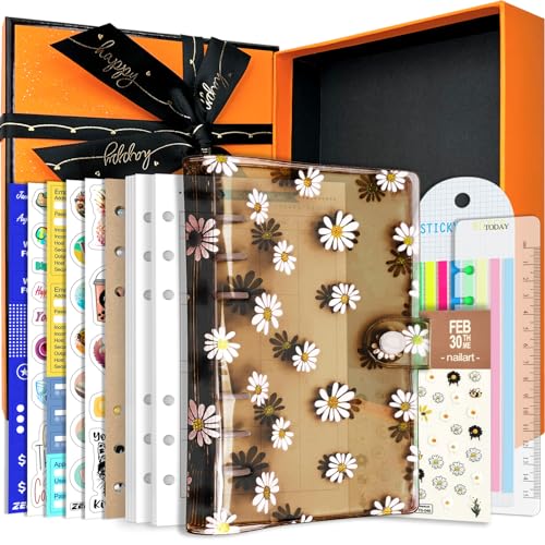 A6/A5 6 Löcher, bunter PVC-Einband, runder Ringordner mit Schnappverschluss, Loseblattordner, persönlicher Organizer (Black Daisy, A6 Gift Box) von Zelten