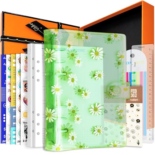 A6/A5 6 Löcher, bunter PVC-Einband, runder Ringordner mit Schnappverschluss, Loseblattordner, persönlicher Organizer (Green Daisy, A5 Gift Box) von Zelten