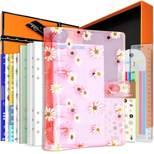 A6/A5 6 Löcher, bunter PVC-Einband, runder Ringordner mit Schnappverschluss, Loseblattordner, persönlicher Organizer (Pink Daisy, A5 Gift Box) von Zelten