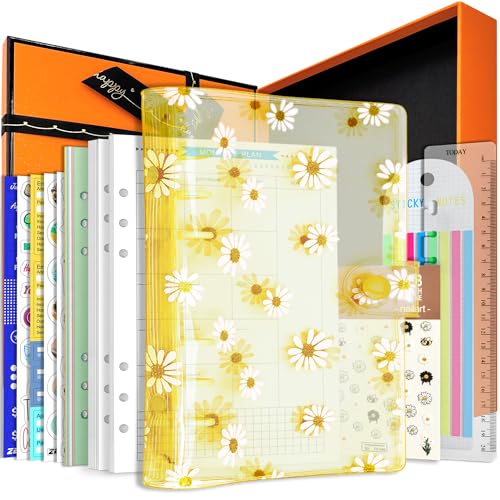 A6/A5 6 Löcher, bunter PVC-Einband, runder Ringordner mit Schnappverschluss, Loseblattordner, persönlicher Organizer (Yellow Daisy, A5 Gift Box) von Zelten