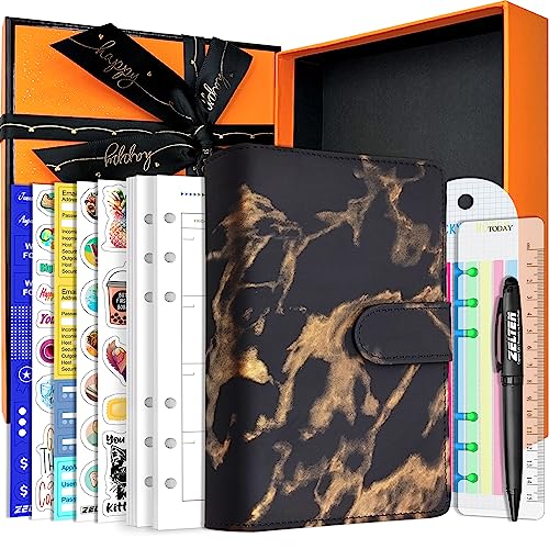 Zelten PU Leder Persönliches Notizbuch Planer mit 67 Seiten Planer Papiere 6 Löcher Ringbinder Stifthalter Magnetische Schnalle (Black Marble, A6 Gift Box) von Zelten