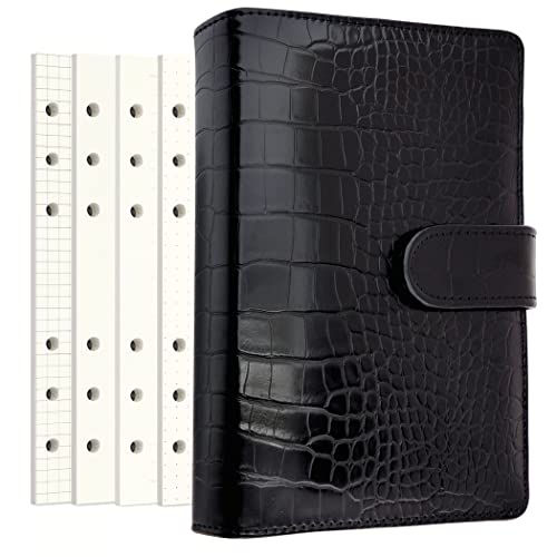 Zelten PU Leder Persönliches Notizbuch Planer mit 80 Seiten Lose-Blatt-Papiere 6 Löcher Ringbuch Stifthalter Magnetische Schnalle (Black Faux Crocodile Texture, A6 Mini) von Zelten