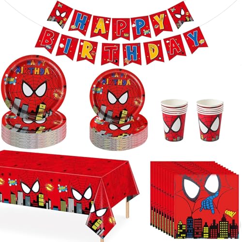 Geburtstag Party Geschirr, Spider Partygeschirr Set, Geburtstags Geschirr, Kindergeburtstag Deko Geschirr, Party Set für 10 Personen (Rot B) von Zempertoopa