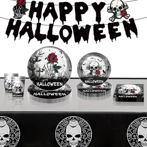 Halloween Partygeschirr Set, Pappgeschirr Pappteller Becher Servietten, Halloween Deko Tisch Geburtstag Set für Kinder Mädchen Jungen (Schwarz) von Zempertoopa