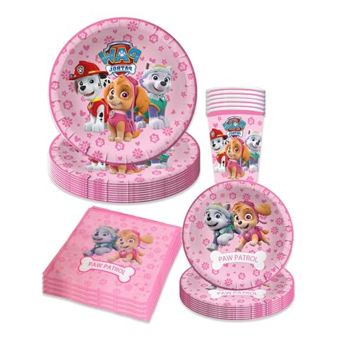 Paw Dog Partygeschirr Set, Geburtstag Partyzubehörsets, Paw Dog Patrol Geburtstag Deko, Pappteller Kindergeburtstag,Thema Party Geschirr Set, Thema Party Set (Rosa) von Zempertoopa