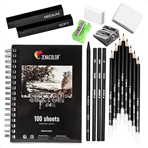 Komplettes Zeichnen Set mit Zeichenblock - 19 Zubehörteile: 8 Bleistifte, 3 Kohlestifte, 1 Graphit Stift, 2 Kohlestäbe, 100-Seitiges Skizzenbuch von Zenacolor