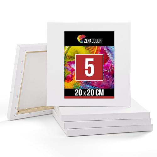 Zenacolor 5-TLG. Set Keilrahmen 20x20cm - Leinwand Malen - Painting Canvas zum Aquarellfarbe Ölfarbe Acrylfarbe malen - Leinwand auf Keilrahmen aus Holz 100% Säurefreie Baumwolle Leinwand Weiss von Zenacolor