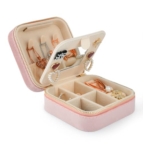 Zenithz Schmuckaufbewahrung Reise Schmuckschatulle Klein Schmuckbox - Schmuckkästchen Mädchen - Jewelry Box Reise Schmuckkästchen Klein mit Spiegel für Ringe Ohrringe Halskette Frauen Geschenk (Rosa) von Zenithz