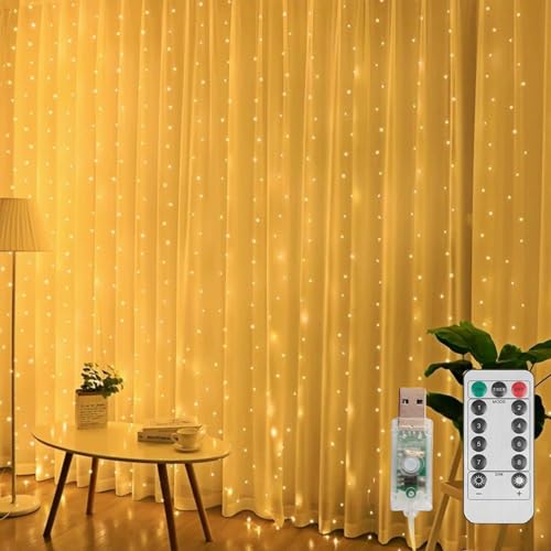 Zenovate Lichtervorhang Innen 3x3m 300 LED Lichterketten Vorhang, 8 Modi Lichterkette Fenster Innen mit Timer, USB Lichterkette Vorhang Innen Deko für Hochzeit, Party, Weihnachten, Warmweiß von Zenovate