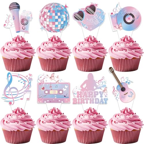 24 Stück Girls Pop Happy Birthday Era Tortenaufsatz,Rosa Cupcake-Dekorationsset,Perfekte Party Deko für Mädchen,für Fans feiern, Hochzeit,Brautparty,Prinzessin Geburtstagstorte und Gitarrenparty von ZephyrHome