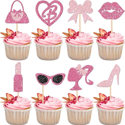 24Stück prinzessin cupcake topper，High Heel Lippenstift Fliege Cupcake Toppers，Baby Dusche Tortendeko ，Rosa Mädchen Kuchendeko，Prinzessin Thema Bridal Dusche，Hochzeitstag Geburtstag Torte Dekorationen von ZephyrHome