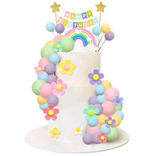 39 Stück Regenbogen Tortendeko Kugeln Und Gänseblümchen，Boho Tortendeko，tortendeko kugeln，DIY Kuchendeckel，Alles Gute zum Geburtstag-Kuchenaufsatz，für Hochzeiten, Jubiläum，Geburtstage, Babypartys von ZephyrHome