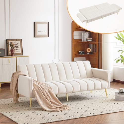 Zepneiy Sofa mit Schlaffunktion, Sofa 2 Sitzer Modernes Doppel Klappbares Schlafsofa, Multifunktionssofa mit Verstellbare und Rückenlehne Hilfsfüßen,Wohnzimmer Möbel Sofa, Samtstoff Beige von Zepneiy