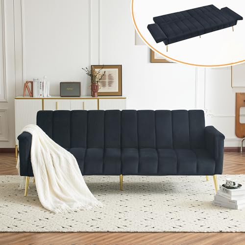 Zepneiy Sofa mit Schlaffunktion, Sofa 2 Sitzer Modernes Doppel Klappbares Schlafsofa, Multifunktionssofa mit Verstellbare und Rückenlehne Hilfsfüßen,Wohnzimmer Möbel Sofa, Samtstoff Black von Zepneiy