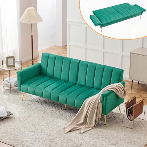 Zepneiy Sofa mit Schlaffunktion, Sofa 2 Sitzer Modernes Doppel Klappbares Schlafsofa, Multifunktionssofa mit Verstellbare und Rückenlehne Hilfsfüßen,Wohnzimmer Möbel Sofa, Samtstoff Green von Zepneiy