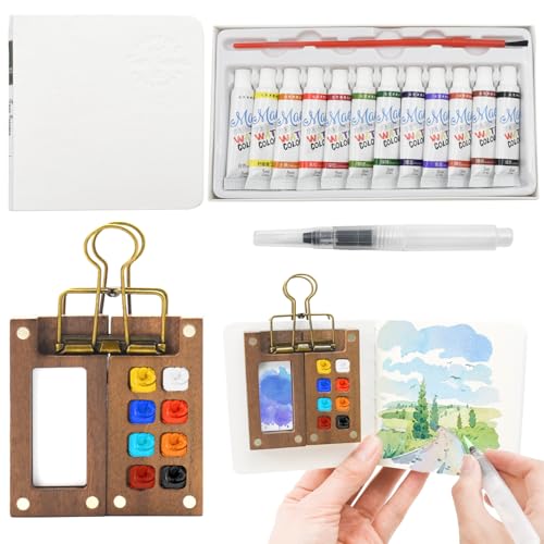 Zequech Taschenkünstler-Reisepaket Aquarelle Palette, 12 Farbenfarben + 8 Buch + Pinsel + Bücherklammer, tragbare Mini-Zeichnung Geschenk im Freien, Walnuss von Zequech