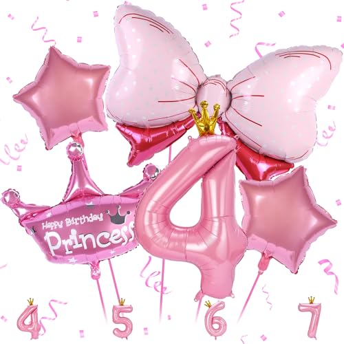 4 Geburtstag Dekorationen für Mädchen, 4 Geburtstag Luftballons Set Prinzessin Krone Ballon Rosa Nummer 4 Folienballon mit Rosa Schleife Folienballons für Baby Mädchen 4 Geburtstag Party Babyparty von Zercart