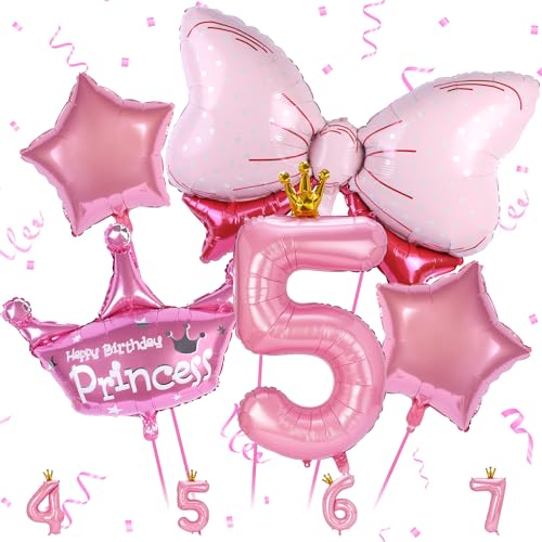 5 Geburtstag Dekorationen für Mädchen, 5 Geburtstag Luftballons Set Prinzessin Krone Ballon Rosa Zahl 5 Folienballon mit Rosa Schleife Folienballons für Baby Mädchen 4 Geburtstag Party Babyparty von Zercart