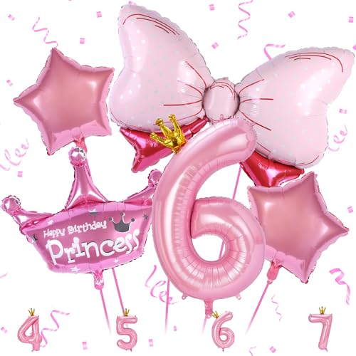 6 Geburtstag Dekorationen für Mädchen, 6 Geburtstag Luftballons Set Prinzessin Krone Ballon Rosa Zahl 6 Folienballon mit Rosa Schleife Folienballons für Baby Mädchen Geburtstag Party Babyparty von Zercart