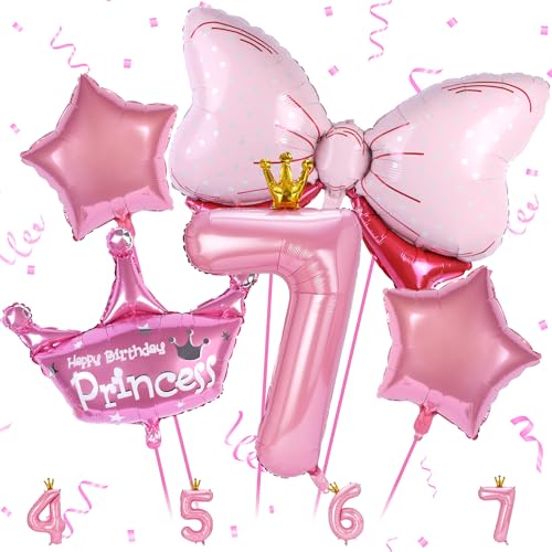 7 Geburtstag Dekorationen für Mädchen, 7 Geburtstag Luftballons Set Prinzessin Krone Ballon Rosa Nummer 7 Folienballon mit Rosa Schleife Folienballons für Baby Mädchen Geburtstag Party Babyparty von Zercart