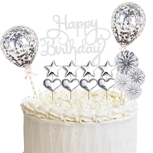 Geburtstagstortenaufsätze, 17 Stück, silberfarbene Kuchendekoration, Cupcake-Topper, Happy Birthday-Kuchenaufsatz, Konfetti-Ballon-Kuchenaufsatz mit Sternen, Papierfächer für Geburtstagsparty, von Zercart