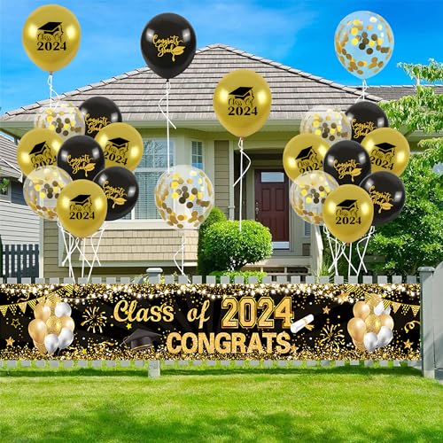 Sursurprise Graduation Dekorationen 2024 - Luftballons Abschluss Wimpelkette mit Schwarz Gold Graduation Ballon & Klasse of 2024 Congrats Banner für High School University Graduation Party Supplies von Zercart