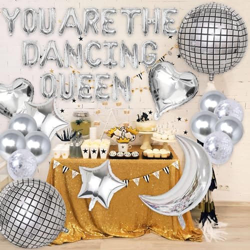 You are the Dancing Queen Banner 18-teiliges silbernes Disco-Folienballon-Set, Sie sind die tanzende Königin, Dekoration, 55,9 cm, Spiegel-Metallic-Luftballons, Mond, Liebe, Stern, Folienballon für von Zercart