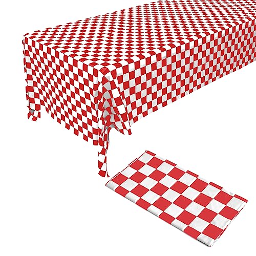 274,3 x 137,2 cm rote und weiße rechteckige Schachbrett-Tischdecke, Einweg-Kunststoff-Tischdecke für 2,4 m lange rechteckige Tische, wasserdichte Tischdecken für Partyzubehör, Picknick, von ZeriTlolen
