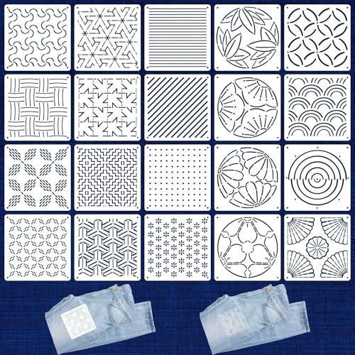 Zernblend 20 Stück Sashiko Stencil Set, 5,1 X 5,1 Zoll Plastikschablonen für Geometrische Muster, Handquilten, Nähen Und Textilgestaltung, Buchstaben Schablone, Prägeschablonen von Zernblend