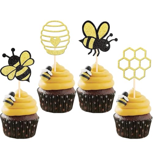 Zernblend 24 Stück Kreative Kucheneinsätze mit Glitzernden Bienenstöcken, Bienen, Cupcake Deko, Bienen Deko von Zernblend