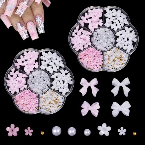 Zernblend 3D Blumen und Schleifen Nagelcharms Set, Nail Art Dekoration mit Weißen Halbperlen für Frauen Acryl Nägel von Zernblend