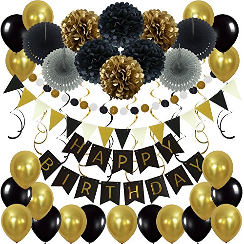 ZERODECO Geburtstagsdeko, Happy Birthday Wimpelkette Banner Girlande mit Pompoms Papier Girlande Fans Fächer Dreieckige Wimpel Spiral Girlanden und Luftballon - Schwarz und Gold von ZERODECO