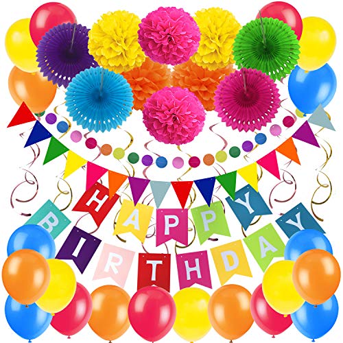 Geburtstag Partei Dekoration, Zerodeco Happy Birthday Wimpelkette Banner Girlande mit Pompoms Papier Girlande Fans Fächer Dreieckige Wimpel Spiral Girlanden und Luftballon - Mehrfarbig von ZERODECO