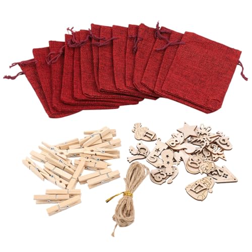 Zerodeko 1 Satz Weihnachts- -tasche Jute-holz-label-set Weihnachts-countdown-kalendertaschen Weihnachtsgeschenktüten Aus Sackleinen Adventskalender Schmuck-kits Hölzern von Zerodeko