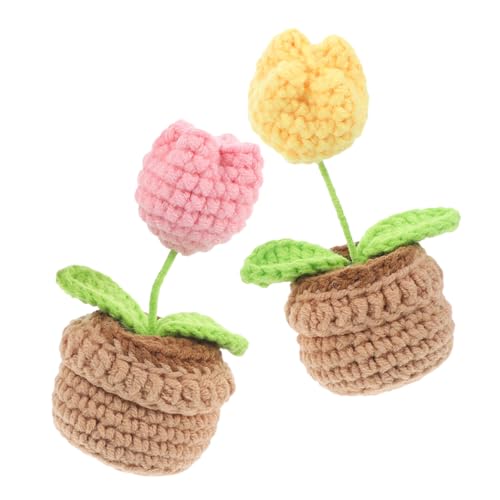 Zerodeko 2st Kleine Topfpflanze Aus Wolle Künstliche Kintting- Miniatur-tulpenblume Häkelblumen Gestrickte Topfblumen Mini-pflanzenornamente Im Blütenstiel Befindet Sich EIN Eisendraht von Zerodeko