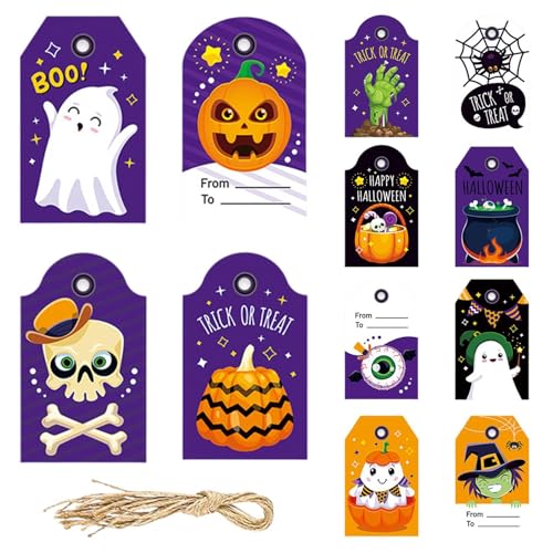 Halloween-Papierschilder, Halloween-Namensschilder, gruselige Namensschilder, Halloween-Papiertüten, Süßes oder Leckerli-Tüten, mit 12 Halloween-Namensschildern für Halloween-Party, Gastgeschenke, von Zestvria