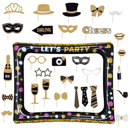 Zfseyuh Fotobox Accessoires Aufblasbarer Fotorahmen mit 30 Stück Schwarz Gold Lustige Foto Requisiten Bilderrahmen Aufblasbar Partyzubehör für Geburtstag Hochzeit Party von Zfseyuh