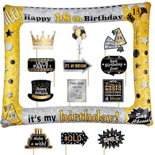 Zfseyuh Geburtstag Aufblasbarer Fotorahmen und 12 Stück Foto Requisiten Schwarz Gold Fotobox Accessoires 18. Geburtstag für Mädchen Jungen 18 Geburtstag von Zfseyuh