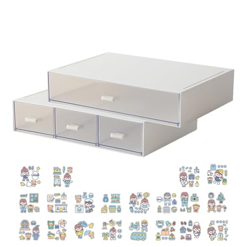 Zfseyuh Schubladenboxen 2 Stück Schreibtisch Organizer Schubladen mit Aufklebern Sortierboxen für Kleinteile Stapelbar für Desktop Büro Schminktisch Zuhause, Transparent Weiß von Zfseyuh