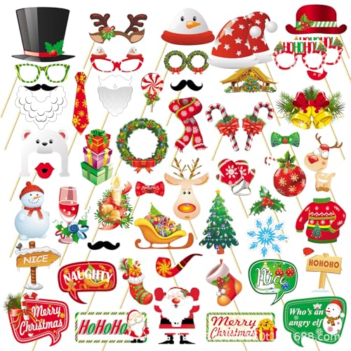 Zfseyuh Weihnachten Foto Requisiten 52 Stück Fotobox Accessoires für Weihnachten Party Foto Requisiten Weihnachten Weihnachten Photo Booth für Erwachsene Kinder Weihnachtsfeier Zubehör von Zfseyuh