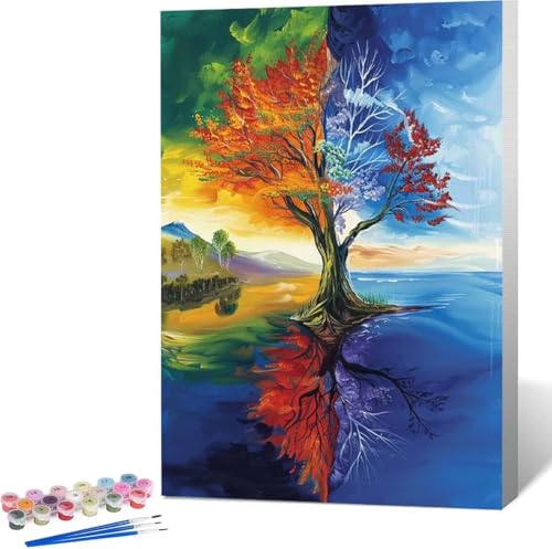 Baum Malen Nach Zahlen Landschaft Malen Nach Zahlen Erwachsene Rahmenlos Paint by Numbers Kit, DIY Malen Nach Zahlen Kinder mit Pinseln und Acrylfarben, für Geschenke und Heimdekoration 30x40 cm 6-5 von Zgcoyeo