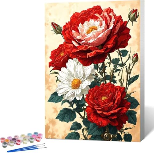 Blume Malen Nach Zahlen Pfingstrose Malen Nach Zahlen Erwachsene Rahmenlos Paint by Numbers Kit, DIY Malen Nach Zahlen Kinder mit Pinseln und Acrylfarben, für Geschenke und Heimdekoration 40x50 cm L-V von Zgcoyeo