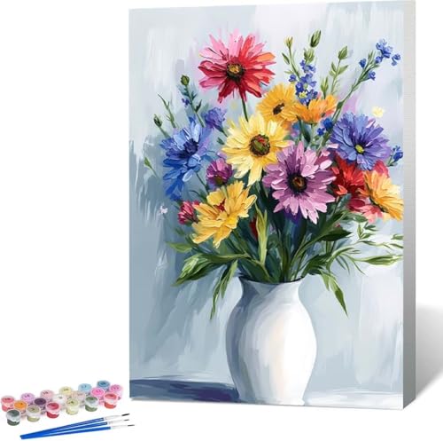 Blume Malen Nach Zahlen Vase Malen Nach Zahlen Erwachsene Rahmenlos Paint by Numbers Kit, DIY Malen Nach Zahlen Kinder mit Pinseln und Acrylfarben Painting, Geschenke und Heimdekoration 60x80 cm B-6 von Zgcoyeo